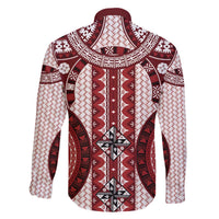 Bula Fiji Vintage Family Matching Off The Shoulder Long Sleeve Dress and Hawaiian Shirt Scarlet Masi Motifs LT7 - Polynesian Pride