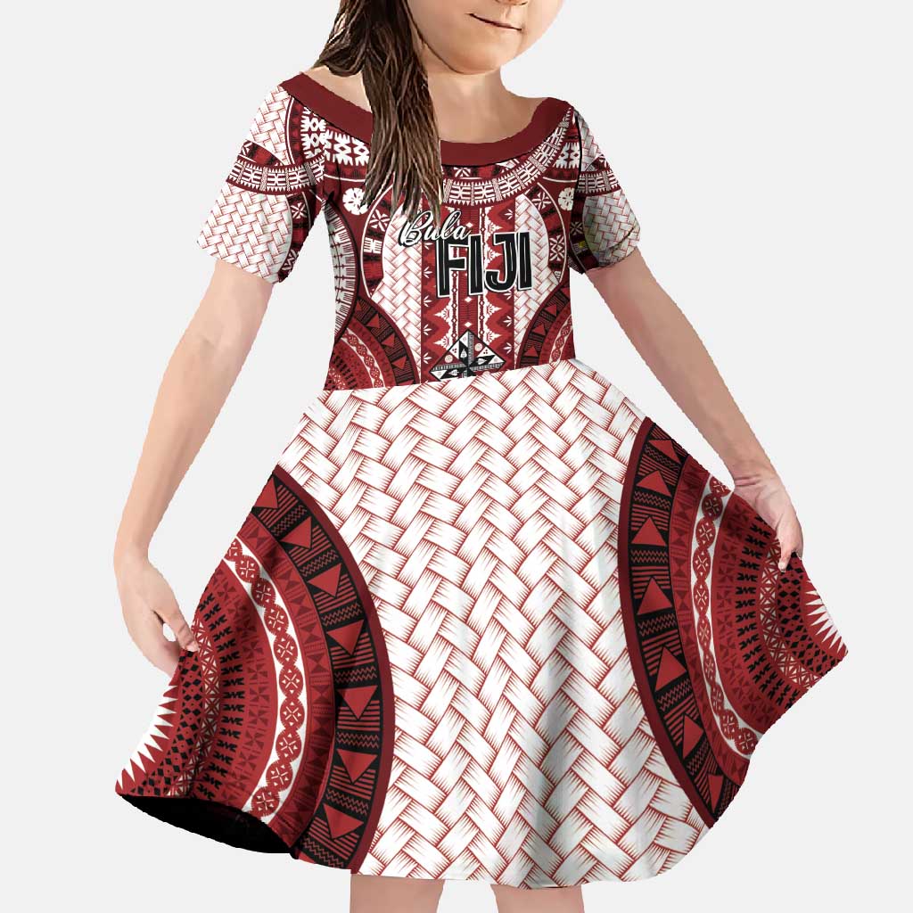 Bula Fiji Vintage Family Matching Off Shoulder Maxi Dress and Hawaiian Shirt Scarlet Masi Motifs LT7 Daughter's Dress Scarlet - Polynesian Pride