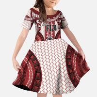 Bula Fiji Vintage Family Matching Off Shoulder Maxi Dress and Hawaiian Shirt Scarlet Masi Motifs LT7 Daughter's Dress Scarlet - Polynesian Pride