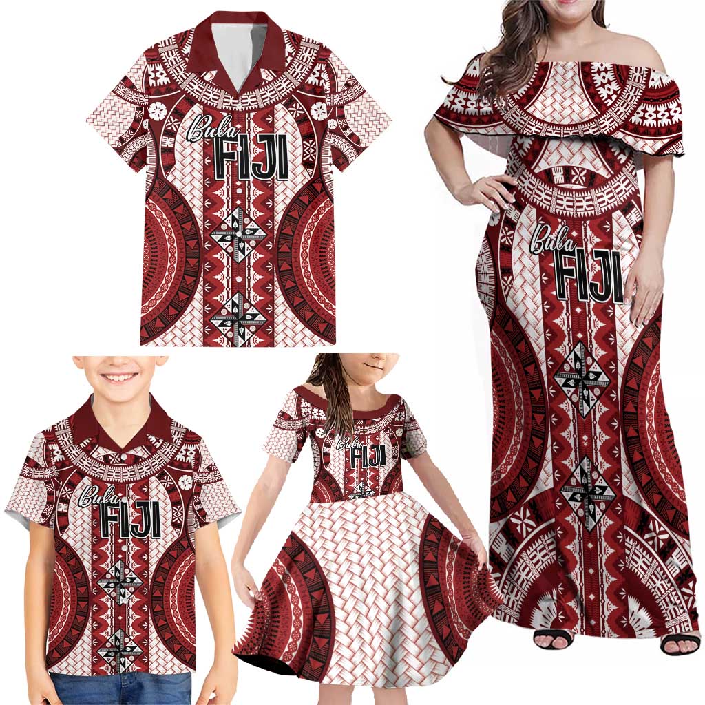 Bula Fiji Vintage Family Matching Off Shoulder Maxi Dress and Hawaiian Shirt Scarlet Masi Motifs LT7 - Polynesian Pride
