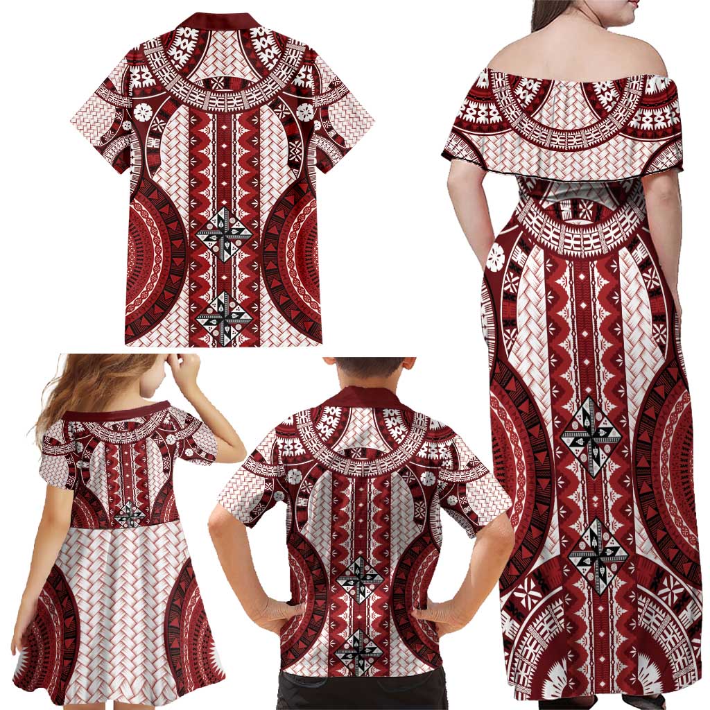 Bula Fiji Vintage Family Matching Off Shoulder Maxi Dress and Hawaiian Shirt Scarlet Masi Motifs LT7 - Polynesian Pride