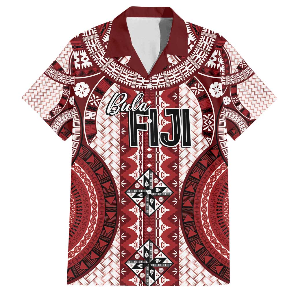 Bula Fiji Vintage Family Matching Off Shoulder Maxi Dress and Hawaiian Shirt Scarlet Masi Motifs LT7 Dad's Shirt - Short Sleeve Scarlet - Polynesian Pride