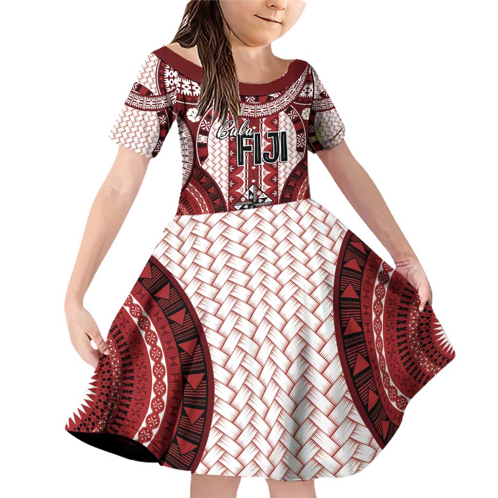 Bula Fiji Vintage Family Matching Off Shoulder Short Dress and Hawaiian Shirt Scarlet Masi Motifs LT7 Daughter's Dress Scarlet - Polynesian Pride