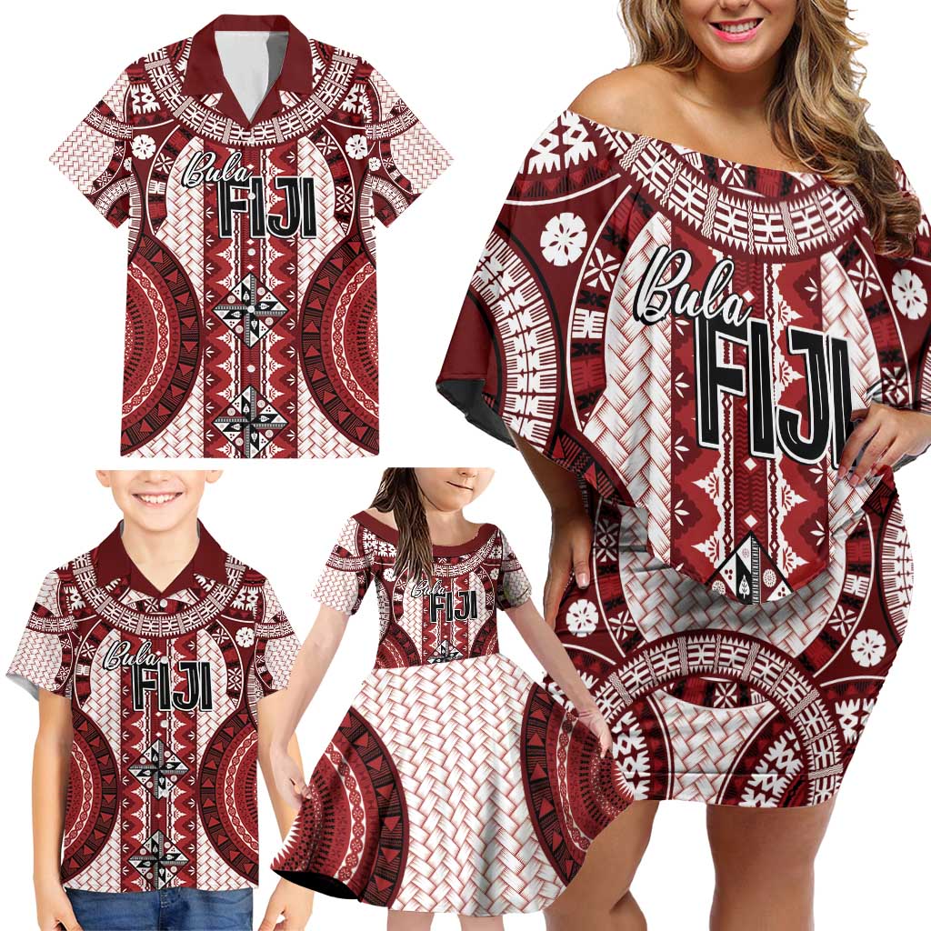 Bula Fiji Vintage Family Matching Off Shoulder Short Dress and Hawaiian Shirt Scarlet Masi Motifs LT7 - Polynesian Pride