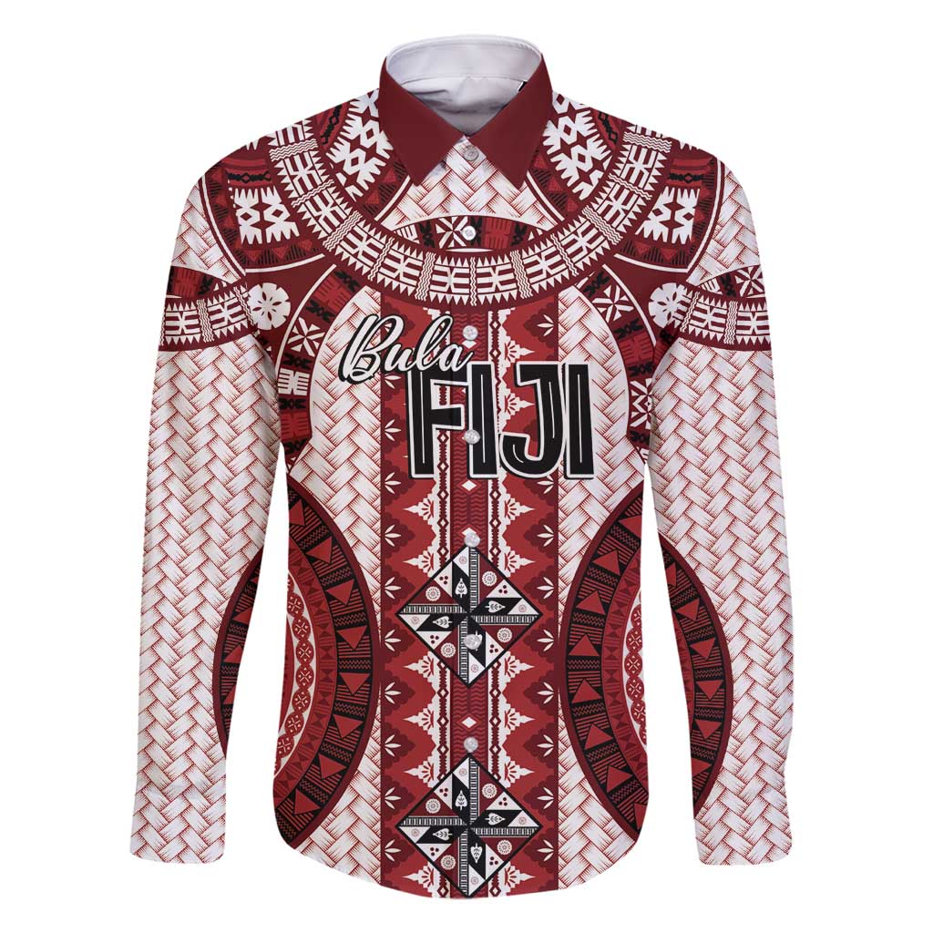 Bula Fiji Vintage Family Matching Off Shoulder Short Dress and Hawaiian Shirt Scarlet Masi Motifs LT7 Dad's Shirt - Long Sleeve Scarlet - Polynesian Pride