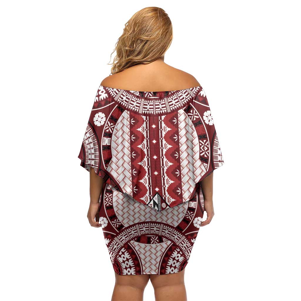Bula Fiji Vintage Family Matching Off Shoulder Short Dress and Hawaiian Shirt Scarlet Masi Motifs LT7 - Polynesian Pride