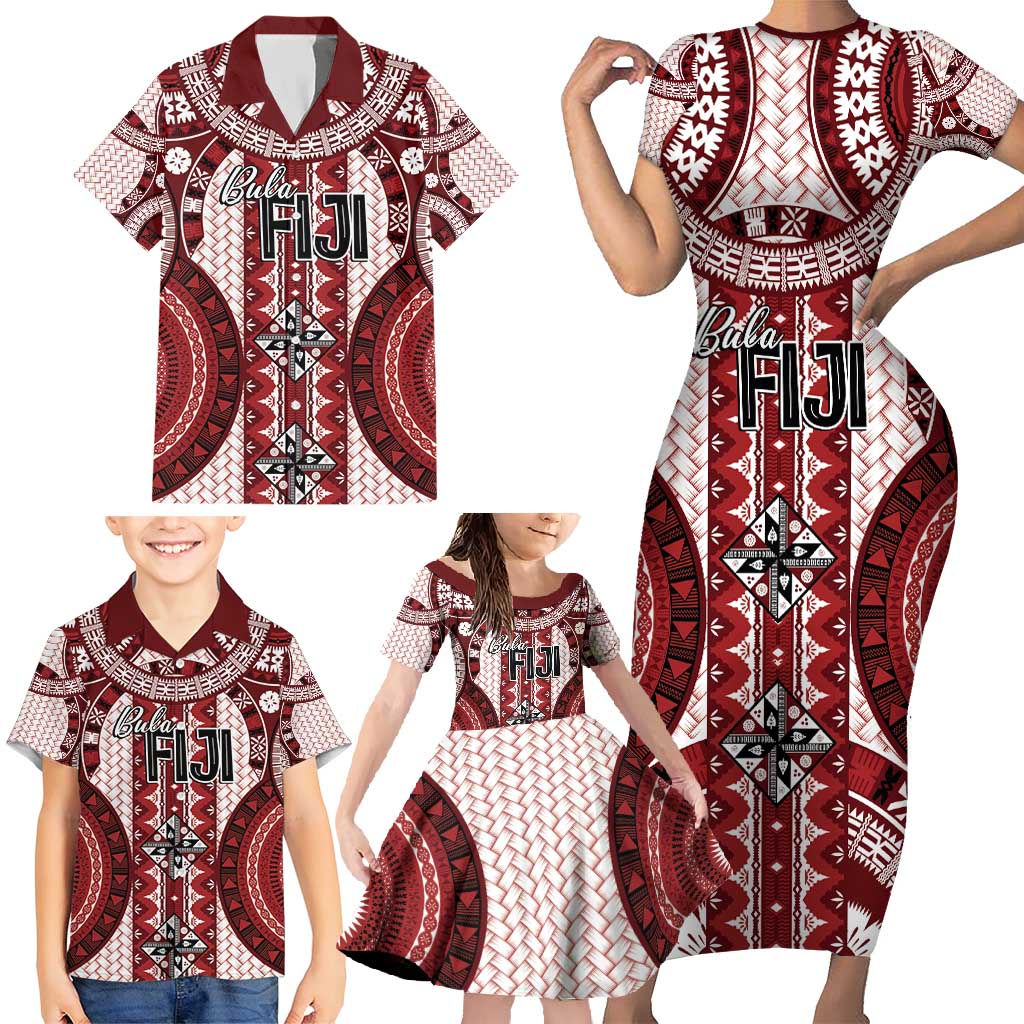 Bula Fiji Vintage Family Matching Short Sleeve Bodycon Dress and Hawaiian Shirt Scarlet Masi Motifs LT7 - Polynesian Pride