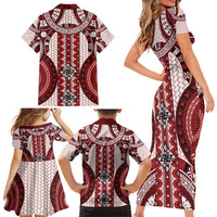 Bula Fiji Vintage Family Matching Short Sleeve Bodycon Dress and Hawaiian Shirt Scarlet Masi Motifs LT7 - Polynesian Pride