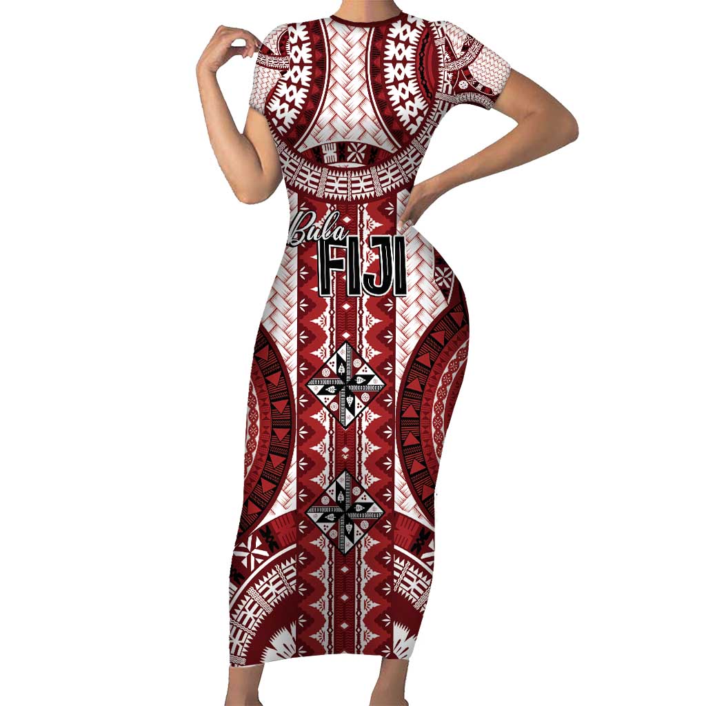 Bula Fiji Vintage Family Matching Short Sleeve Bodycon Dress and Hawaiian Shirt Scarlet Masi Motifs LT7 Mom's Dress Scarlet - Polynesian Pride