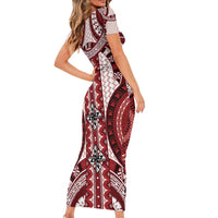 Bula Fiji Vintage Family Matching Short Sleeve Bodycon Dress and Hawaiian Shirt Scarlet Masi Motifs LT7 - Polynesian Pride