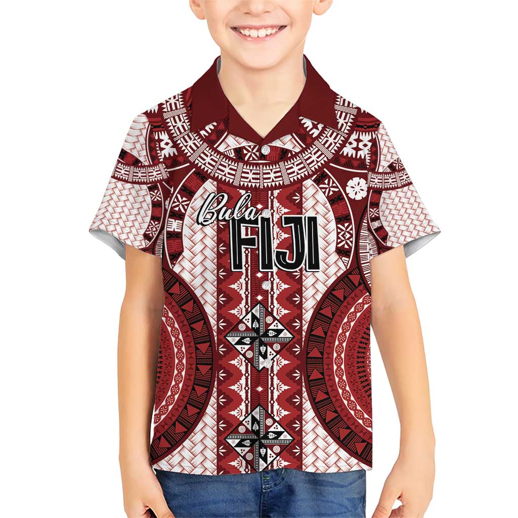 Bula Fiji Vintage Family Matching Short Sleeve Bodycon Dress and Hawaiian Shirt Scarlet Masi Motifs LT7 Son's Shirt Scarlet - Polynesian Pride