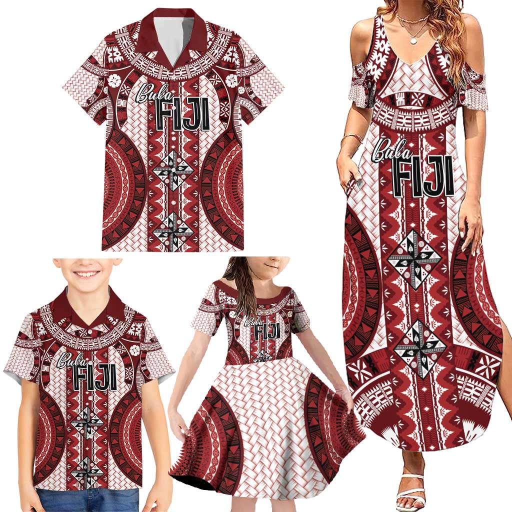 Bula Fiji Vintage Family Matching Summer Maxi Dress and Hawaiian Shirt Scarlet Masi Motifs
