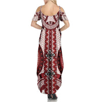 Bula Fiji Vintage Family Matching Summer Maxi Dress and Hawaiian Shirt Scarlet Masi Motifs LT7 - Polynesian Pride