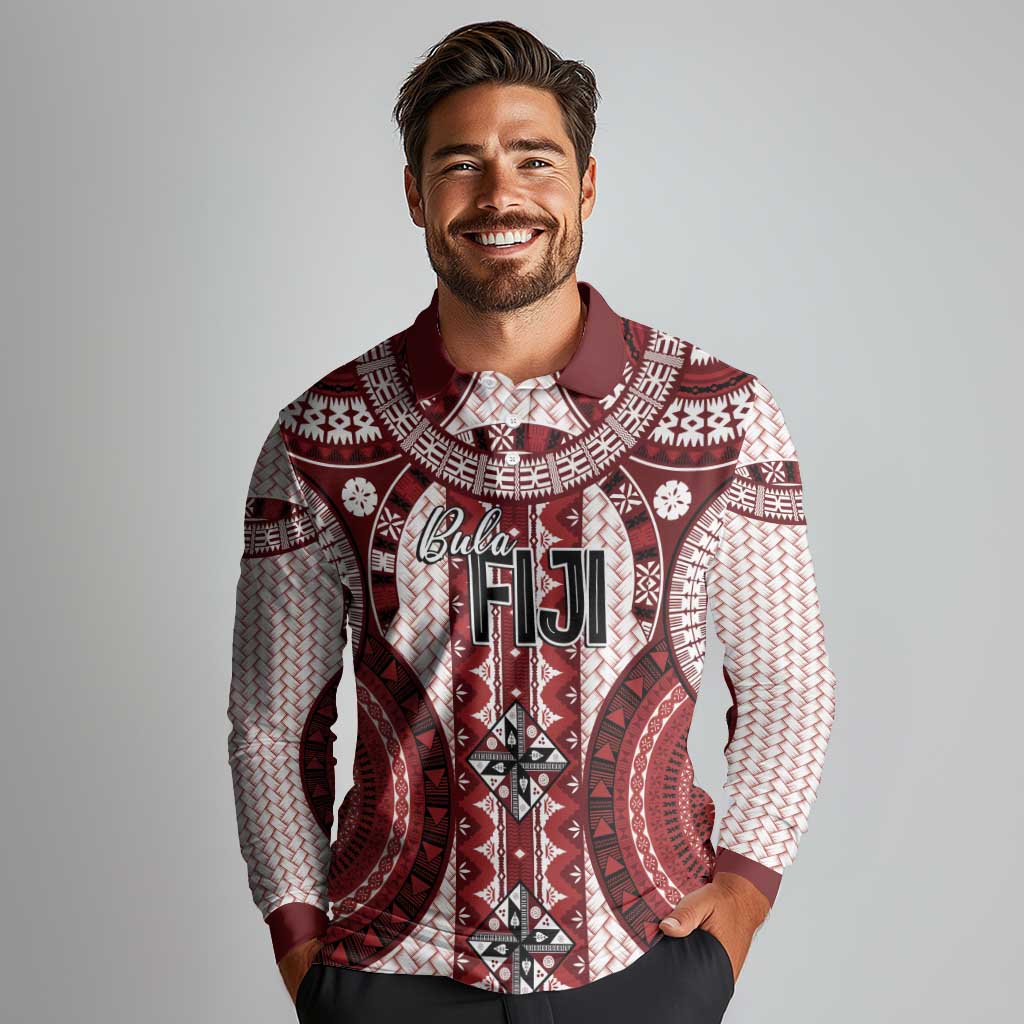 Bula Fiji Vintage Long Sleeve Polo Shirt Scarlet Masi Motifs