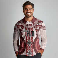 Bula Fiji Vintage Long Sleeve Polo Shirt Scarlet Masi Motifs