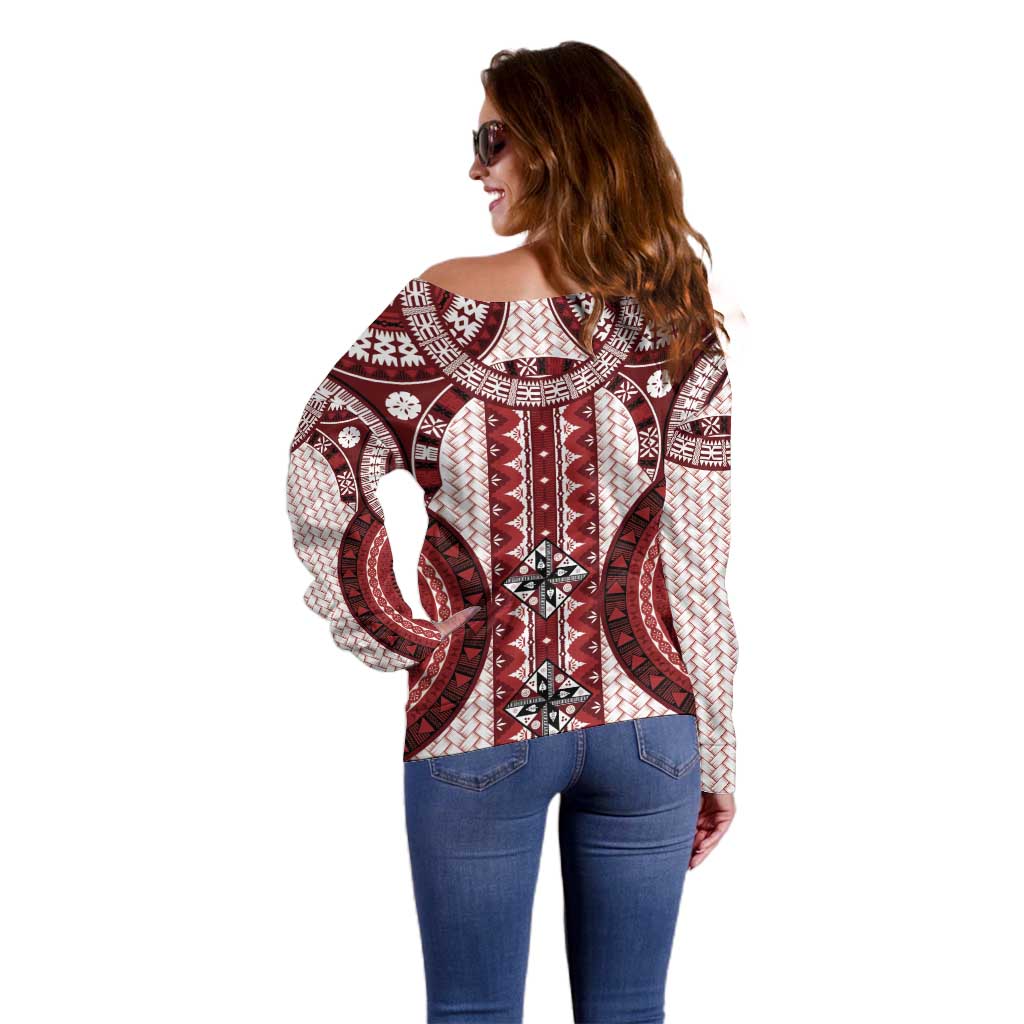 Bula Fiji Vintage Off Shoulder Sweater Scarlet Masi Motifs