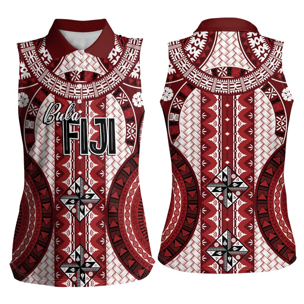 Bula Fiji Vintage Women Sleeveless Polo Shirt Scarlet Masi Motifs