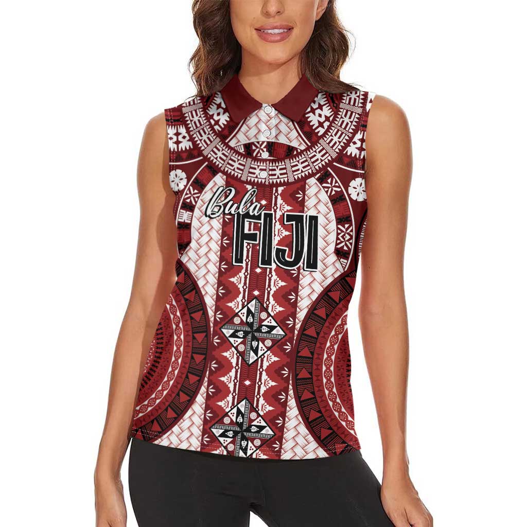 Bula Fiji Vintage Women Sleeveless Polo Shirt Scarlet Masi Motifs