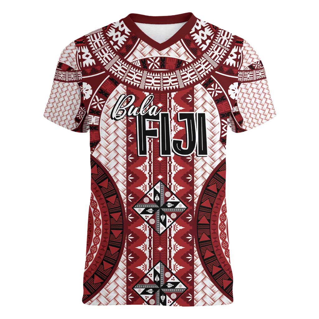 Bula Fiji Vintage Women V-Neck T-Shirt Scarlet Masi Motifs