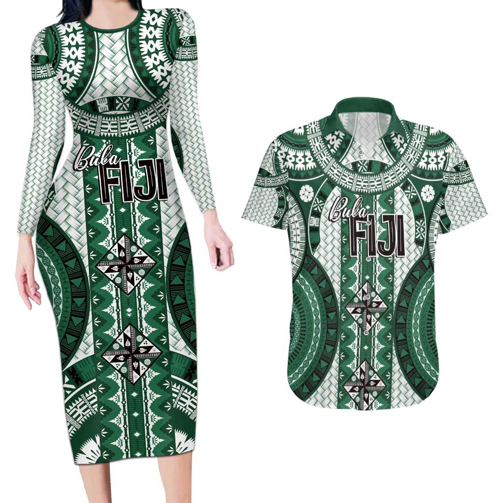 Bula Fiji Vintage Couples Matching Long Sleeve Bodycon Dress and Hawaiian Shirt Phthalo Green Masi Motifs LT7 Phthalo Green - Polynesian Pride