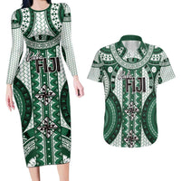 Bula Fiji Vintage Couples Matching Long Sleeve Bodycon Dress and Hawaiian Shirt Phthalo Green Masi Motifs LT7 Phthalo Green - Polynesian Pride