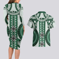 Bula Fiji Vintage Couples Matching Long Sleeve Bodycon Dress and Hawaiian Shirt Phthalo Green Masi Motifs LT7 - Polynesian Pride
