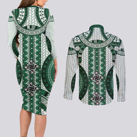 Bula Fiji Vintage Couples Matching Long Sleeve Bodycon Dress and Long Sleeve Button Shirt Phthalo Green Masi Motifs LT7 - Polynesian Pride