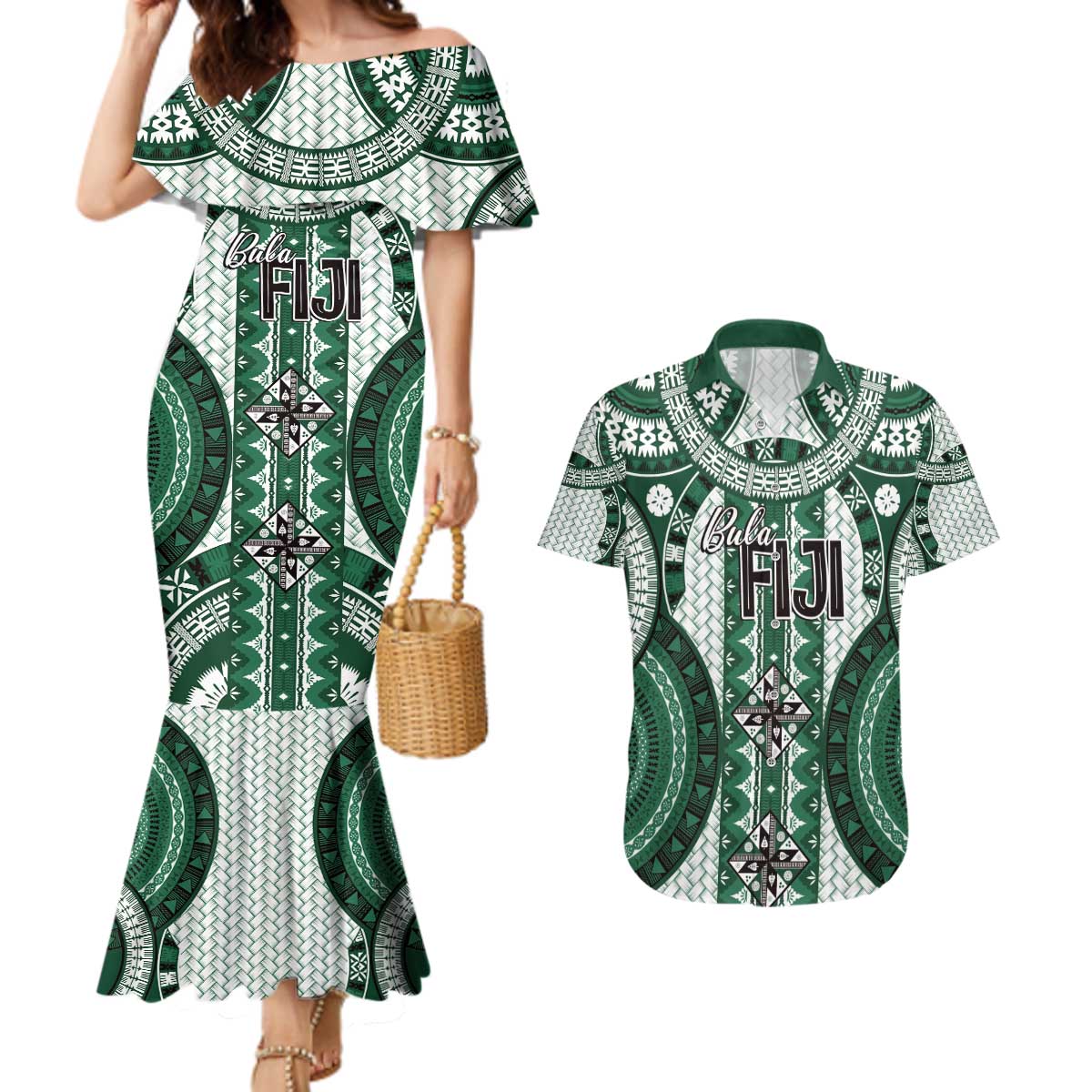 Bula Fiji Vintage Couples Matching Mermaid Dress and Hawaiian Shirt Phthalo Green Masi Motifs