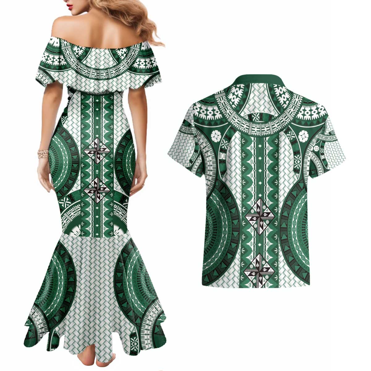 Bula Fiji Vintage Couples Matching Mermaid Dress and Hawaiian Shirt Phthalo Green Masi Motifs LT7 - Polynesian Pride