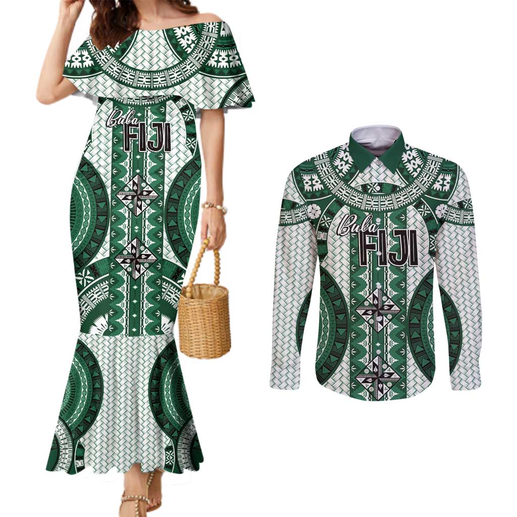 Bula Fiji Vintage Couples Matching Mermaid Dress and Long Sleeve Button Shirt Phthalo Green Masi Motifs LT7 Phthalo Green - Polynesian Pride