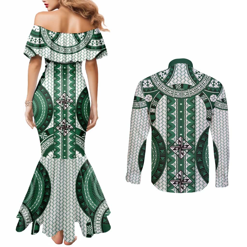 Bula Fiji Vintage Couples Matching Mermaid Dress and Long Sleeve Button Shirt Phthalo Green Masi Motifs LT7 - Polynesian Pride