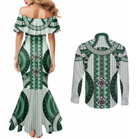 Bula Fiji Vintage Couples Matching Mermaid Dress and Long Sleeve Button Shirt Phthalo Green Masi Motifs LT7 - Polynesian Pride