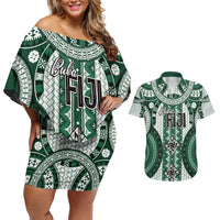 Bula Fiji Vintage Couples Matching Off Shoulder Short Dress and Hawaiian Shirt Phthalo Green Masi Motifs LT7 Phthalo Green - Polynesian Pride