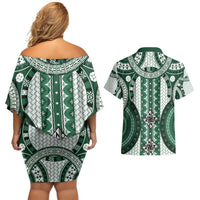 Bula Fiji Vintage Couples Matching Off Shoulder Short Dress and Hawaiian Shirt Phthalo Green Masi Motifs LT7 - Polynesian Pride
