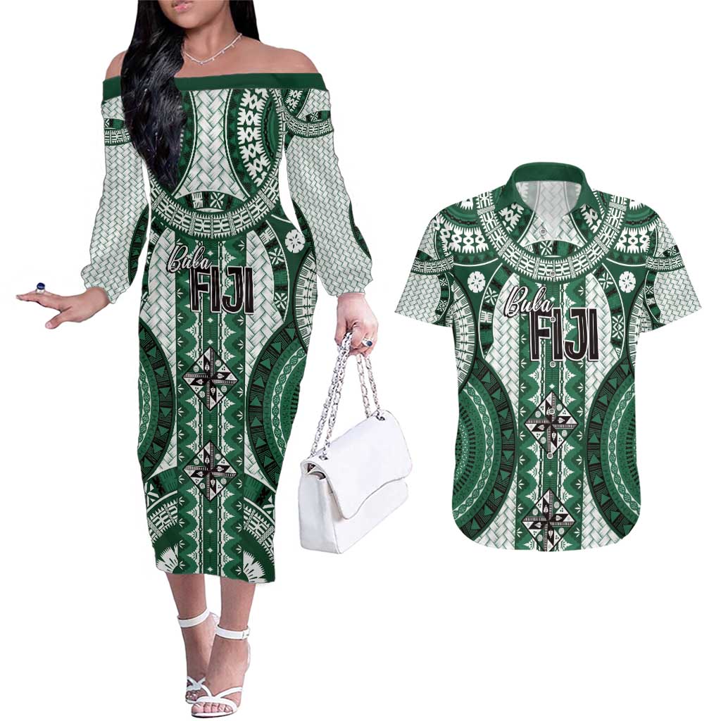Bula Fiji Vintage Couples Matching Off The Shoulder Long Sleeve Dress and Hawaiian Shirt Phthalo Green Masi Motifs LT7 Phthalo Green - Polynesian Pride
