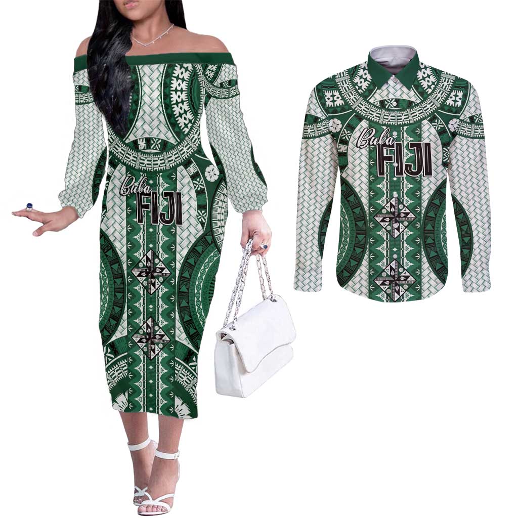 Bula Fiji Vintage Couples Matching Off The Shoulder Long Sleeve Dress and Long Sleeve Button Shirt Phthalo Green Masi Motifs LT7 Phthalo Green - Polynesian Pride