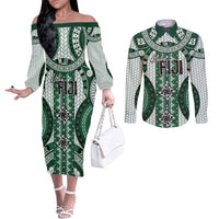 Bula Fiji Vintage Couples Matching Off The Shoulder Long Sleeve Dress and Long Sleeve Button Shirt Phthalo Green Masi Motifs LT7 Phthalo Green - Polynesian Pride