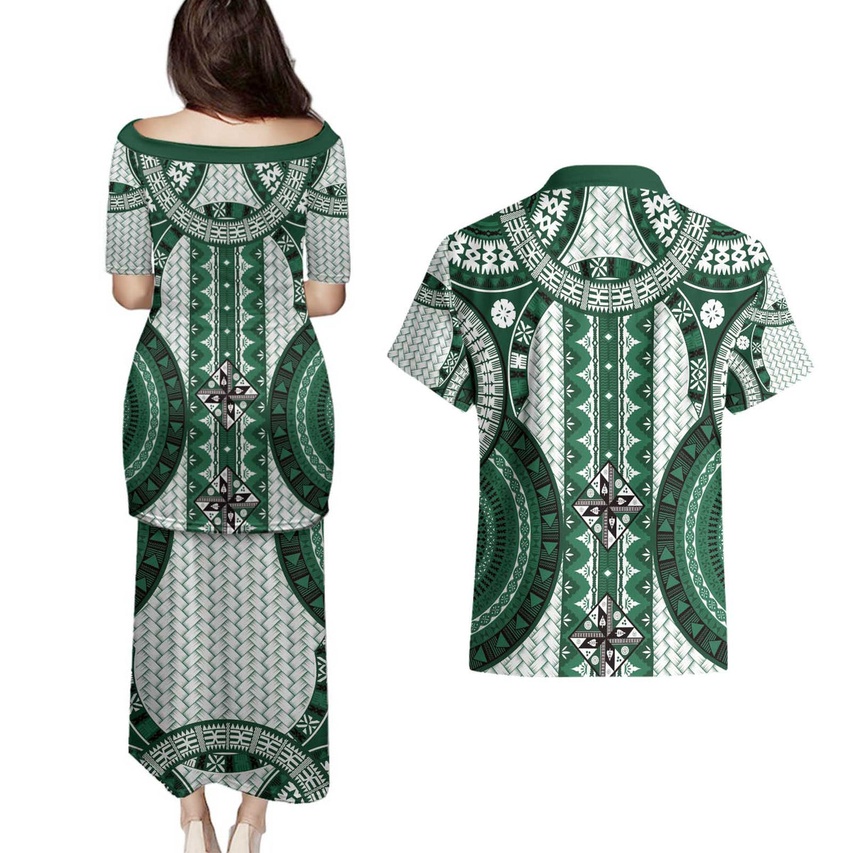 Bula Fiji Vintage Couples Matching Puletasi and Hawaiian Shirt Phthalo Green Masi Motifs