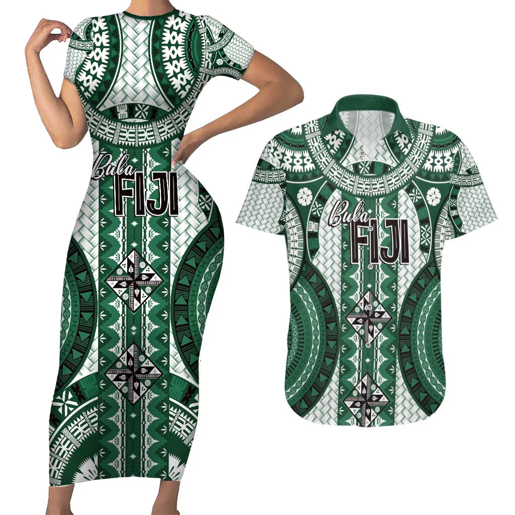 Bula Fiji Vintage Couples Matching Short Sleeve Bodycon Dress and Hawaiian Shirt Phthalo Green Masi Motifs