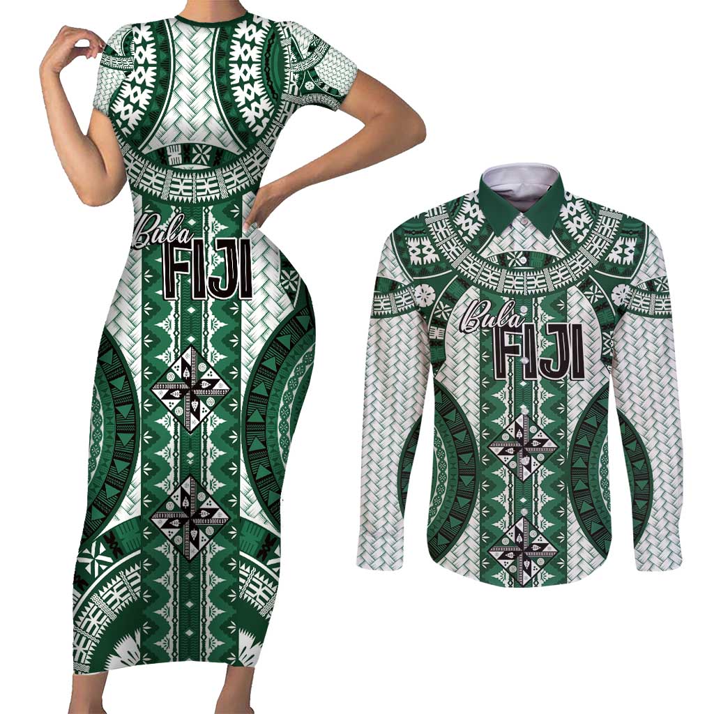 Bula Fiji Vintage Couples Matching Short Sleeve Bodycon Dress and Long Sleeve Button Shirt Phthalo Green Masi Motifs LT7 Phthalo Green - Polynesian Pride