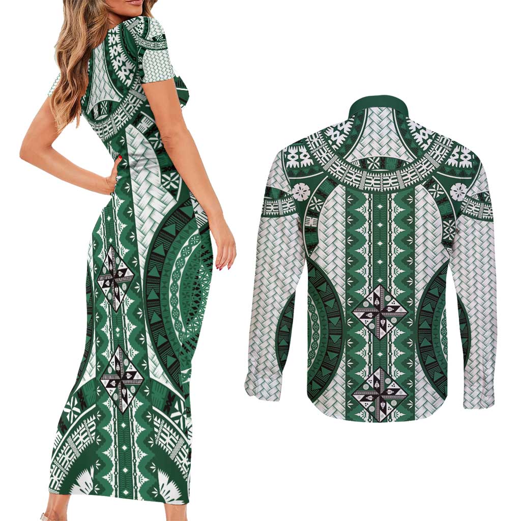 Bula Fiji Vintage Couples Matching Short Sleeve Bodycon Dress and Long Sleeve Button Shirt Phthalo Green Masi Motifs LT7 - Polynesian Pride