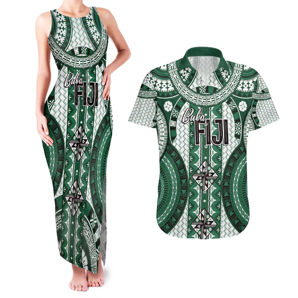 Bula Fiji Vintage Couples Matching Tank Maxi Dress and Hawaiian Shirt Phthalo Green Masi Motifs LT7 Phthalo Green - Polynesian Pride