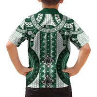 Bula Fiji Vintage Family Matching Long Sleeve Bodycon Dress and Hawaiian Shirt Phthalo Green Masi Motifs LT7 - Polynesian Pride