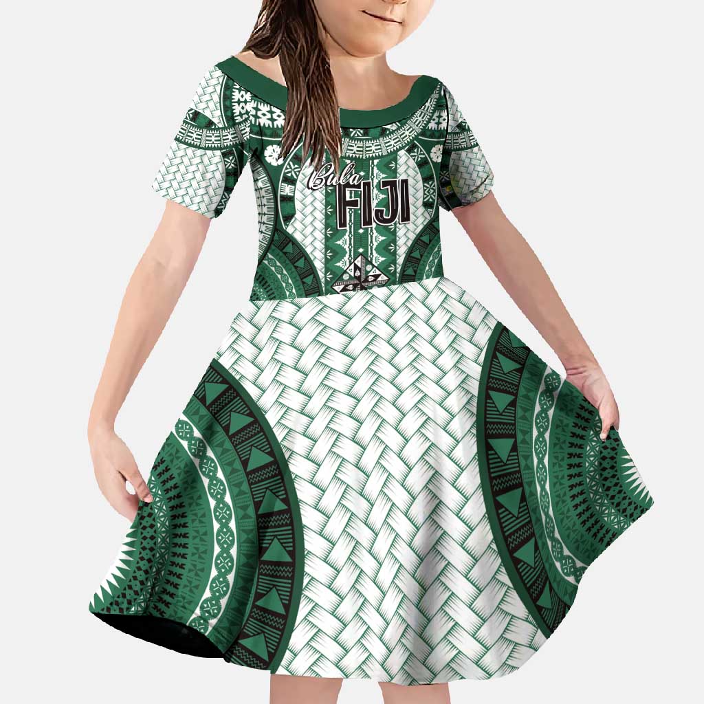Bula Fiji Vintage Family Matching Long Sleeve Bodycon Dress and Hawaiian Shirt Phthalo Green Masi Motifs LT7 Daughter's Dress Phthalo Green - Polynesian Pride