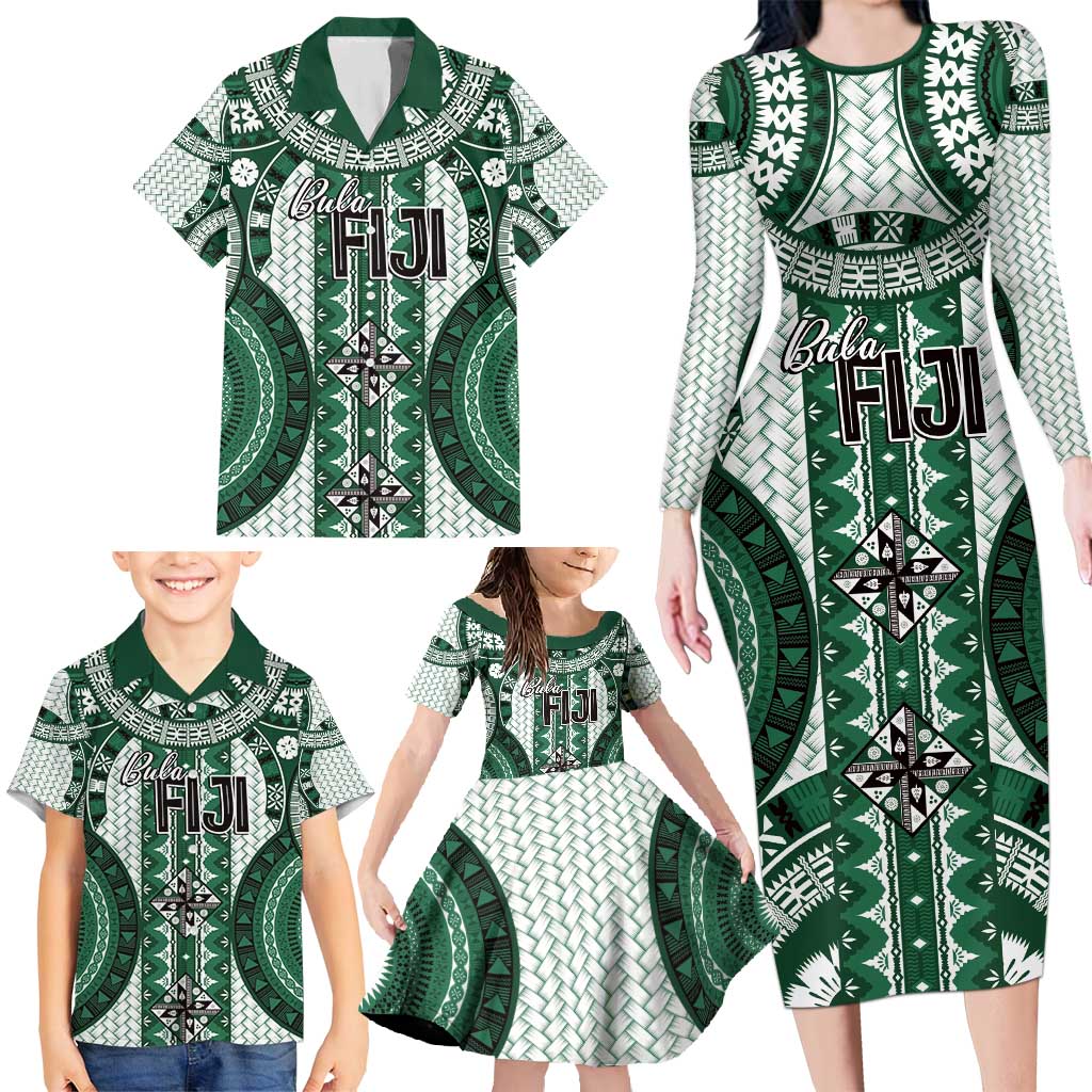 Bula Fiji Vintage Family Matching Long Sleeve Bodycon Dress and Hawaiian Shirt Phthalo Green Masi Motifs LT7 - Polynesian Pride
