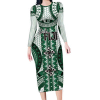 Bula Fiji Vintage Family Matching Long Sleeve Bodycon Dress and Hawaiian Shirt Phthalo Green Masi Motifs LT7 Mom's Dress Phthalo Green - Polynesian Pride