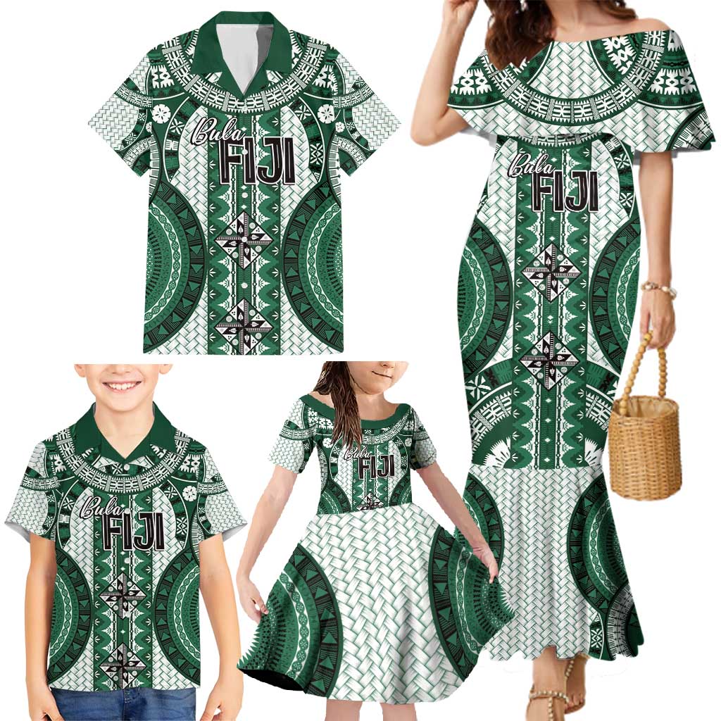 Bula Fiji Vintage Family Matching Mermaid Dress and Hawaiian Shirt Phthalo Green Masi Motifs LT7 - Polynesian Pride