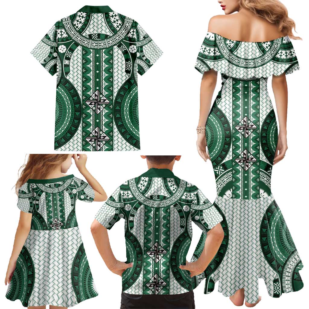 Bula Fiji Vintage Family Matching Mermaid Dress and Hawaiian Shirt Phthalo Green Masi Motifs LT7 - Polynesian Pride