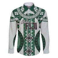 Bula Fiji Vintage Family Matching Mermaid Dress and Hawaiian Shirt Phthalo Green Masi Motifs LT7 Dad's Shirt - Long Sleeve Phthalo Green - Polynesian Pride