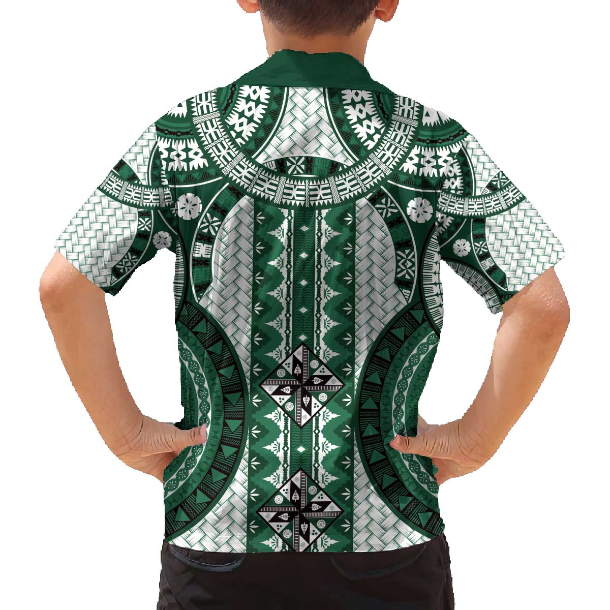 Bula Fiji Vintage Family Matching Off The Shoulder Long Sleeve Dress and Hawaiian Shirt Phthalo Green Masi Motifs LT7 - Polynesian Pride